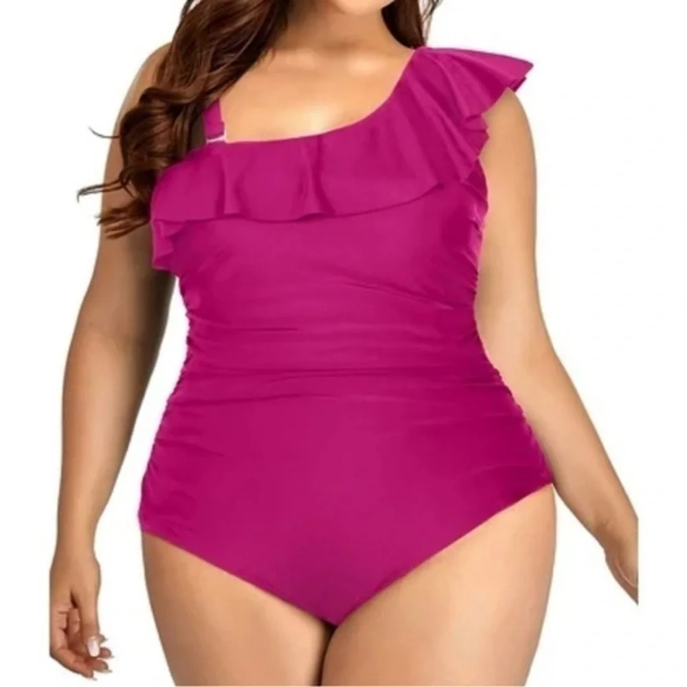 New Kona Sol Women’s Magenta Pink One Shoulder Ruffle Suit 14 NWOT